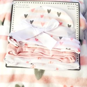 NWT Baby Blanket & 3 Hat Set